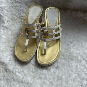 Vintage Baby phat patent white & gold sequins wedge thong sandals Size 7M